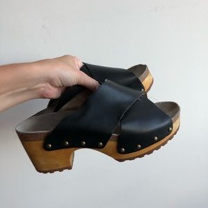 Cross Band Leather Studded Clogs with Block Heel